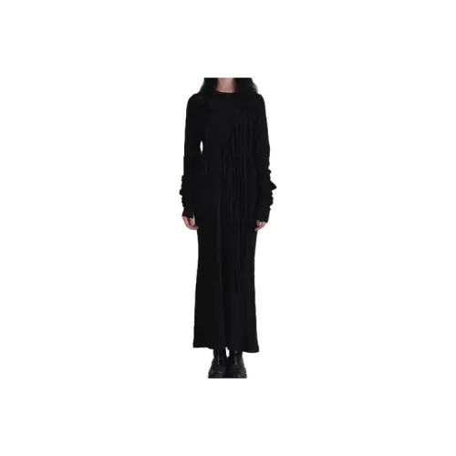 Yohji Yamamoto Черные Женские Длинные Платья с Длинными Рукавами