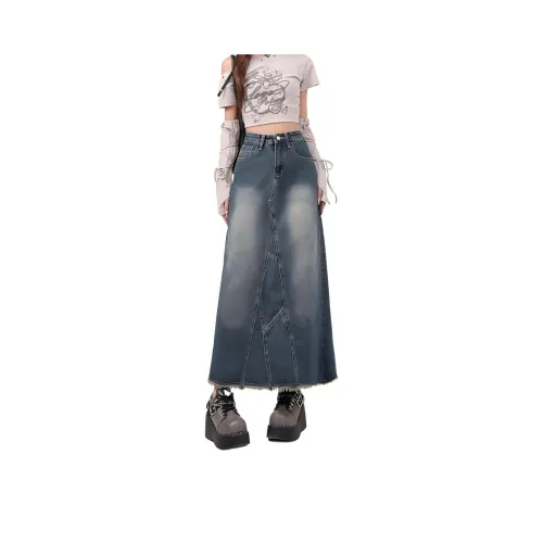 Казахстан Деним Длинный Юбка Женские Винтажный синий