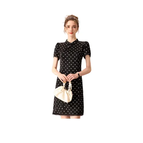 FENHONGMALI Короткий рукав Платье Женское Черное