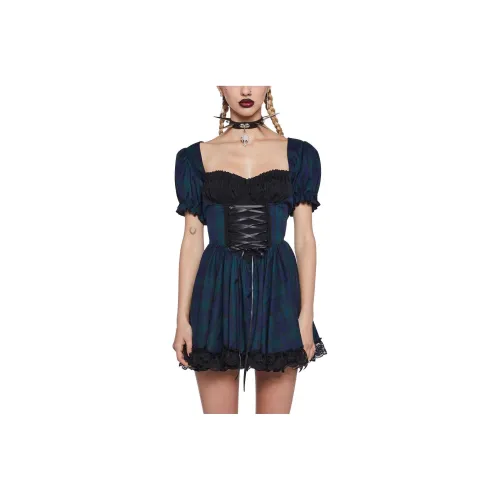 Dolls Kill Widow Midnight Study Mini Dress Short Sleeved Dress Women's Plaid Check