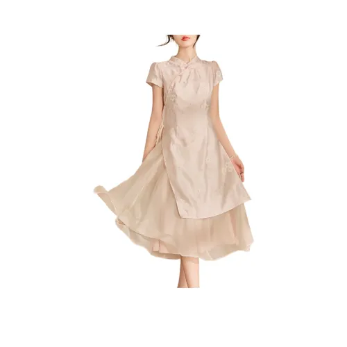 QIAOYUHUAZUN Короткий рукав Платье Женское Вишнево-розовый