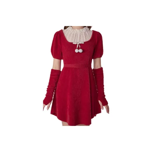 Girly Fancy Club Вишнево-красный Женские Короткие Платья с Рукавами