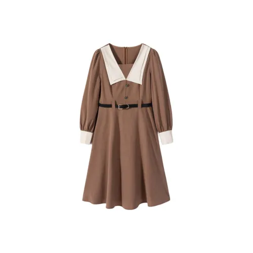 EICHITOO Длинное платье с длинными рукавами женское красно-коричневое в клетку