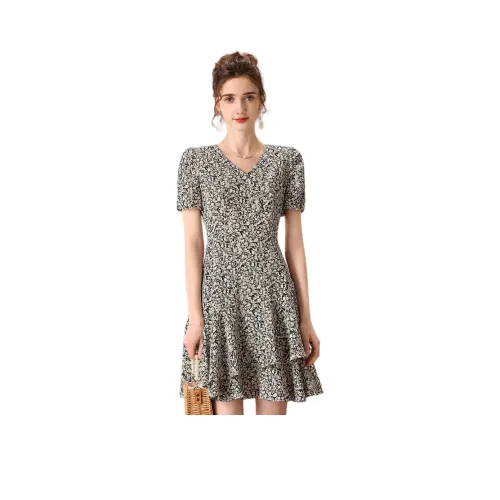 FENHONGMALI Короткий рукав Платье Женское Черное