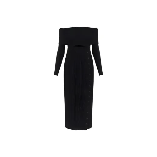 Self Portrait Длинное Платье с Длинными Рукавами Женское Черное