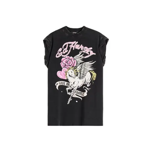 Ed Hardy Черное Женское Короткое Платье с Рукавами