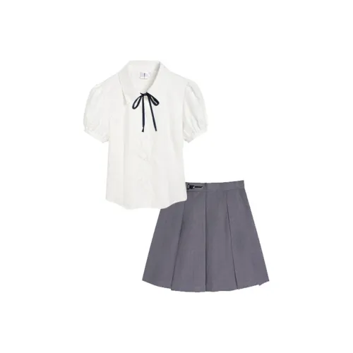 Молочный белый рубашка + серая юбка + шелковый ремень Женские комплекты с рубашками
