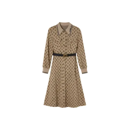 BADINA Длинное платье с длинными рукавами женское цвет Camel с черной отделкой