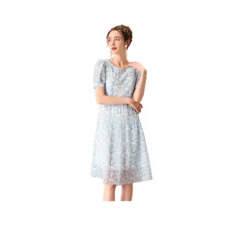 FENHONGMALI Короткий рукав Платье Женское Синий