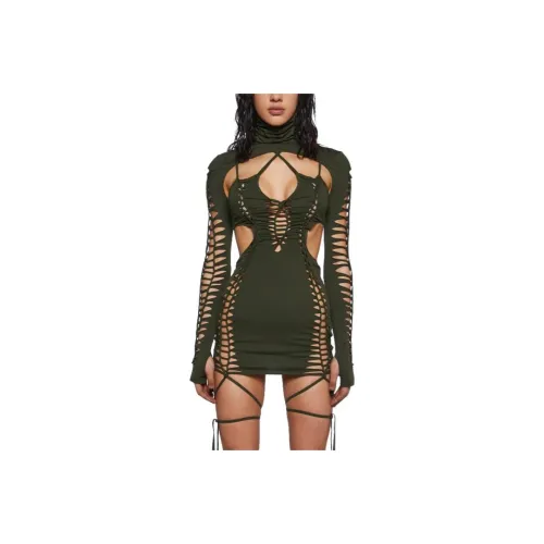 Dolls Kill DARKER WAVS Crossfade Shredded Платье с Shrug Оливковый Длинный рукав Платье Женские Оливковый Оливковый