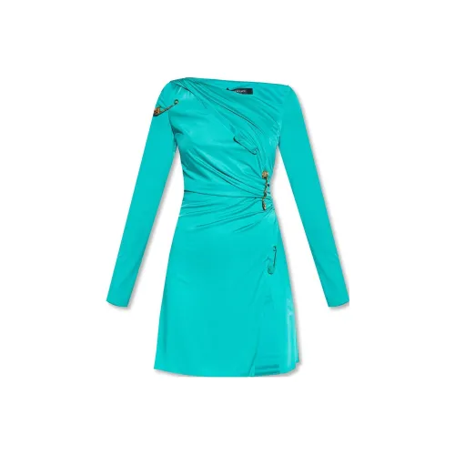 VERSACE Длинное платье с длинными рукавами женское синее