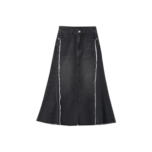 OUNIXUE Denim Long Skirt Women's Black