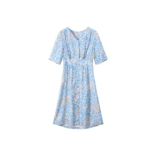 H YXIANG Короткое платье с короткими рукавами женское синий маленький цветочный