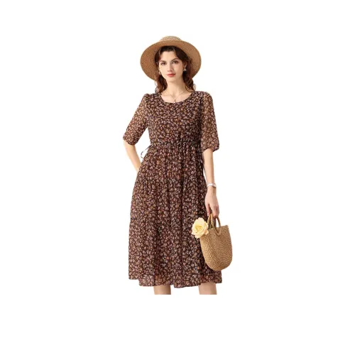 FENHONGMALI Короткий рукав Платье Женское Кофейное