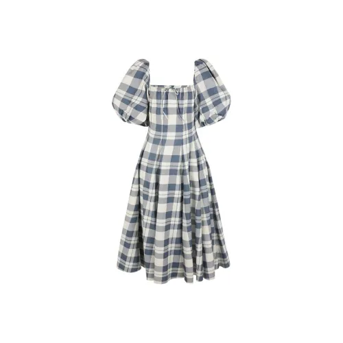 Selkie Коллекция FW24 Короткий рукав Платье Женское Темно-синий с Белой клеткой Чайные серветки с принтом