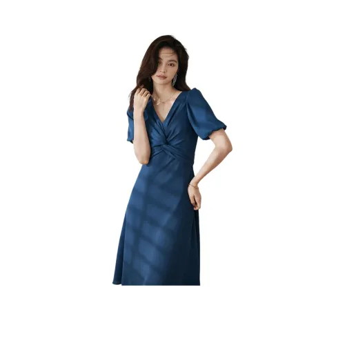 ROEYSHOUSE Короткий рукав Платье Женское Павлин Синий