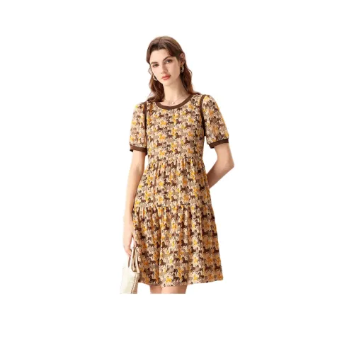 FENHONGMALI Короткий рукав Платье Женское Желтое и Кофейное