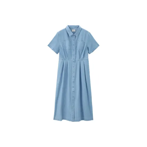 Giordano 66 Промытый синий Женские Короткие Платья с Рукавами