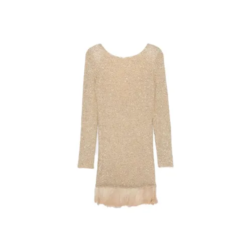 SAINT LAURENT Длинное платье с длинными рукавами женское бежевый золотой