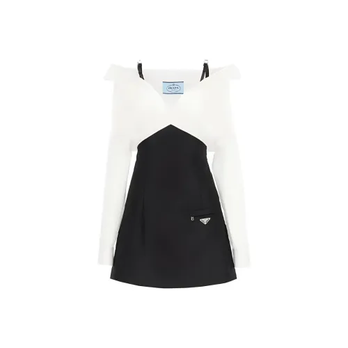 PRADA Черное/Белое Женское Длинное Платье с Рукавами