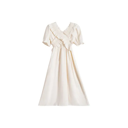 IQC Короткий рукав Платье Женское Белое Абрикос