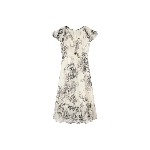 NINA RAISE Короткий рукав Платье Женское Бежевый с Эскизом Цветочный