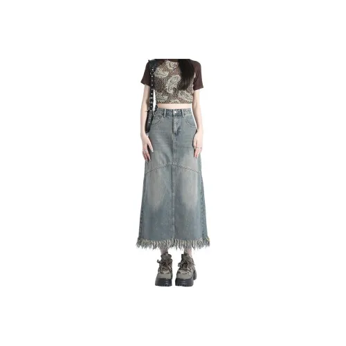 HELEH Деним Длинная Юбка Женская Потертый Цвет