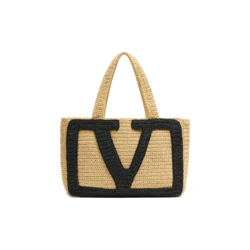 Valentino Raffia Tote Bag Shopping Bag Shoulder Bag Large Unisex Natural
