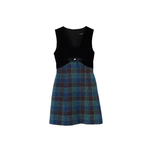 YUMOMO STAR Сине-зеленое Клетчатое Женское Платье без рукавов
