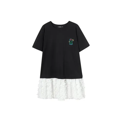 SEENFAAN Модное и стильное черное женское короткое платье с коротким рукавом
