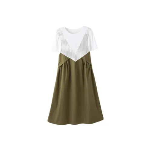 IHIMI Короткий рукав Платье Женское Армейский зеленый и Белый