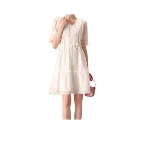 FENHONGMALI Короткий рукав платье женский белый