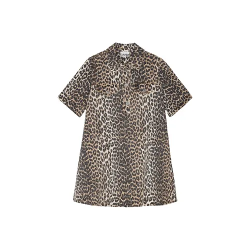GANNI FW24 Короткое платье с короткими рукавами женское с леопардовым принтом