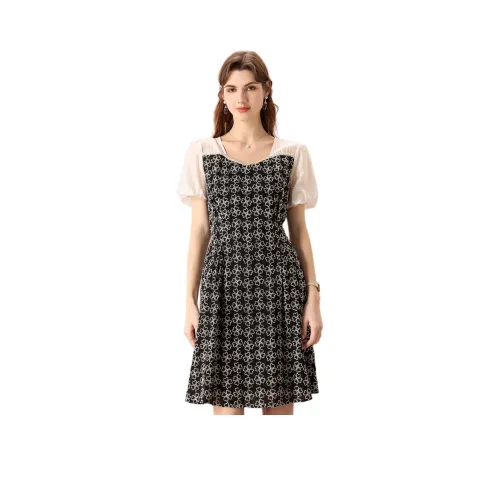 FENHONGMALI Короткий рукав Платье Женское Черное Белое