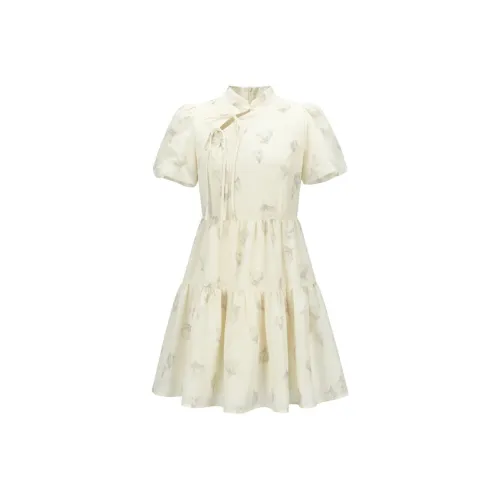 LEDIN Короткий рукав Платье Женское Желтое с принтом