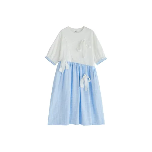 DEER AND FLYER Сине-белая клетка Женские Платья с коротким рукавом