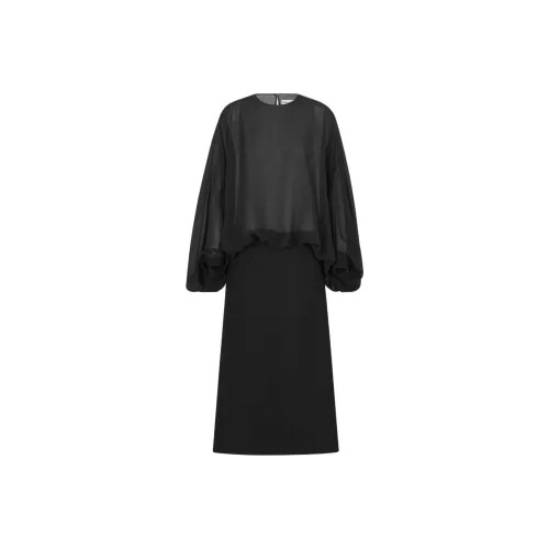 DIOR Flared MID Длина Платье Длинное Sleeved Платье Женское Черное