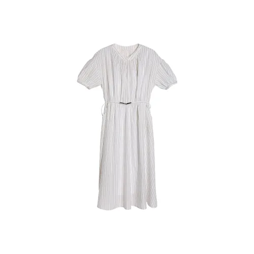 Fstudio Корейский стиль Элегантность Маленький Круглый вырез A-линия Короткий рукав Полосы Рубашка Короткий рукав Платье Женские