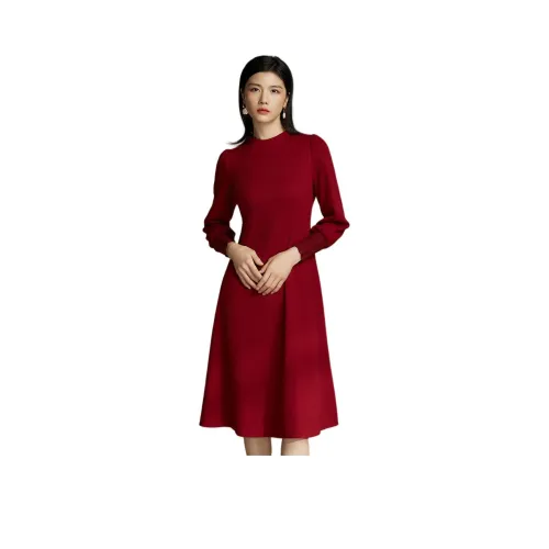 BBLLUUEE Длинный рукав Платье Женское Красный кленовый лист