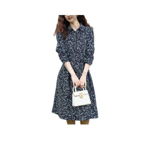 Wbwq Длинное платье с длинными рукавами женское черная подошва синий цветок