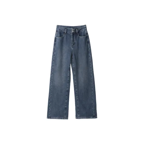 Fstudio Осенние Зимние Корейский стиль Флисовые Подкладочные Широкие Брюки HIGH RISE Джинсы Женские Синие