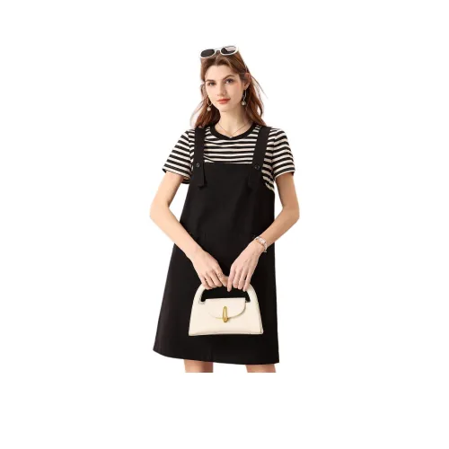 FENHONGMALI Короткий рукав Платье Женское Черное