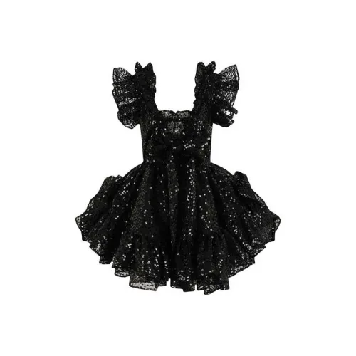 Selkie Черное с Черными Блестками Женское Короткое Платье с Рукавами