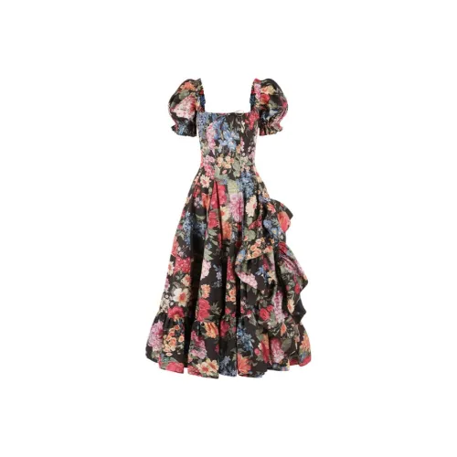 Selkie Коллекция SS24 Короткий рукав Платье Женское Черное с ярким принтом "Сад"