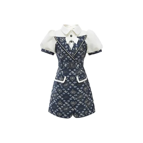 LULUALWAYS Короткий рукав платье женское темно-синее