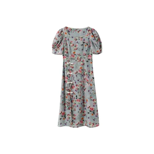 YUMOMO STAR Серое с принтом Женские короткие платья с рукавами