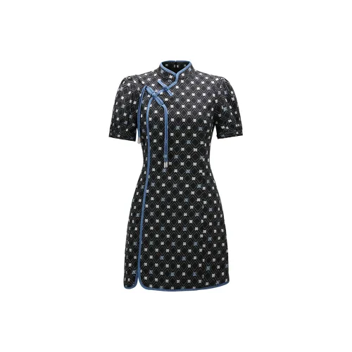 PEACEBIRD Короткий рукав Платье Женское Черный с узором
