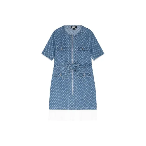 DKNY SS24 Короткое платье с короткими рукавами женское средний деним синий