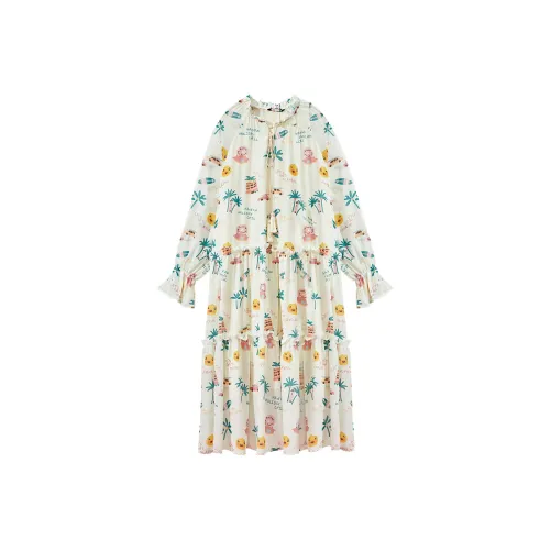 B.Duck Длинное платье с длинными рукавами белый с принтом по всей поверхности