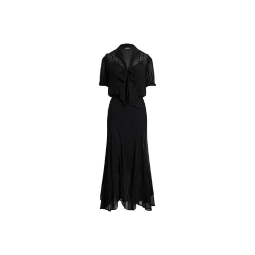 Polo Ralph Lauren Georgette Шарф Шея Платье Короткий Рукав Платье Женское Черное